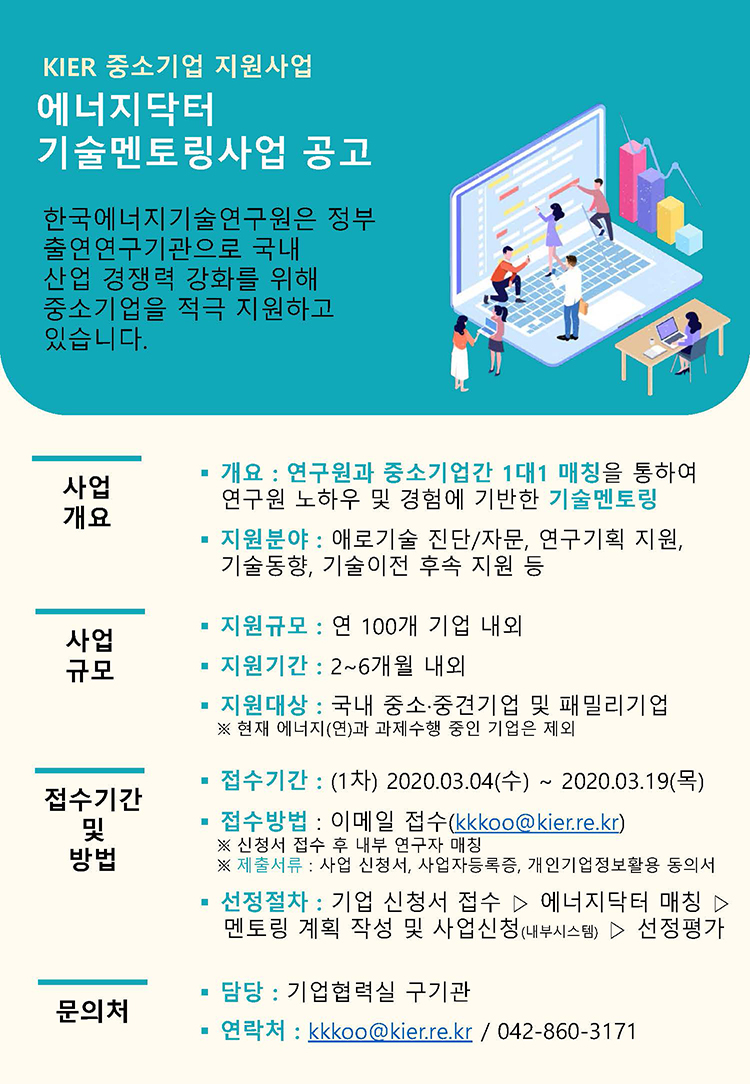 KIER 중소기업 지원사업, 에너지닥터 기술멘토링사업공고, 한국에너지기술연구원은 정부출연연구기관으로 국내산업 경쟁력 강화를 위해 중소기업을 적극 지원하고 있습니다. 1.사업개요, 개요:연구원과 중소기업간 1대1 매칭을 통하여 연구원 노하우 및 경험에 기반한 기술멘토링, 지원분야: 애로기술 진단/자문,연구기획 자문, 기술동향 자문, 기술이전 사전/후속 지원 등, 2.사업규모, 지원규모:연 100개 기업 내외, 지원기간:2~6개월 내외, 지원대상:국내 중소·중견기업 및 패밀리기업 ※현재 에너지닥터와 과제수행 중인 기업은 제외, 3.접수기간 및 방법, 접수기간: 2020.03.04(수) ~ 2020.03.19(목), 접수방법: 이메일 접수(kkkoo@kier.re.kr) ※신청서 접수 후 내부 연구자 매칭, ※제출서류 : 사업 신청서, 사업자등록증, 개인기업정보활용 동의서, 선정절차: 기업 신청서 접수 > 에너지닥터 매칭 > 매칭 결과 통보 및 상담 > 멘토링 계획 작성 및 사업신청 > 선정평가, 4.문의처, 담당:기업협력실 구기관, 연락처 : kkkoo@kier.re.kr / 042-860-3171