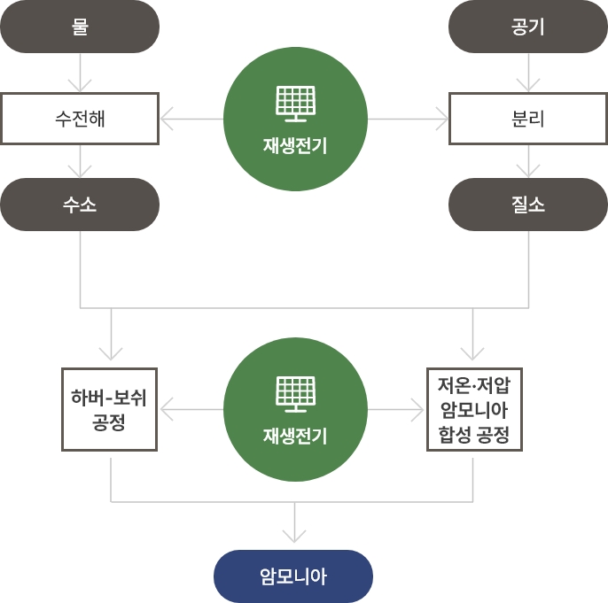 물→수전해→수소(←재생전기)→하버·보쉬 공정(←재생전기)→암모니아 | 공기→분리→질소(←재생전기)→저온·저압 암모니아 합성 공정(←재생전기)→암모니아